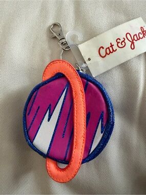 Cat & Jack Bright Pink and Neon Orange Glitter Round Coin Purse Keychain